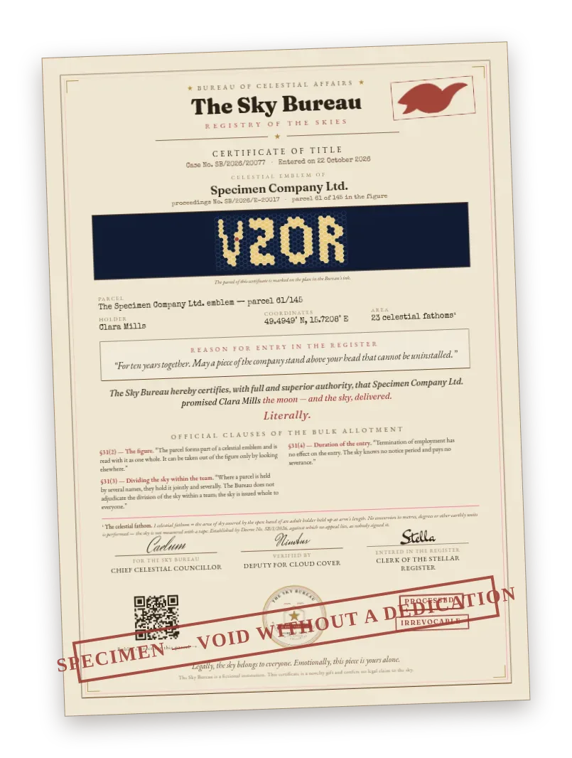 Preview of the company issue of a certificate of title — an official A4 sheet with seal, the company name, a plan of the emblem figure with the parcel marked, the proceedings number, the logo imprint and company clauses.