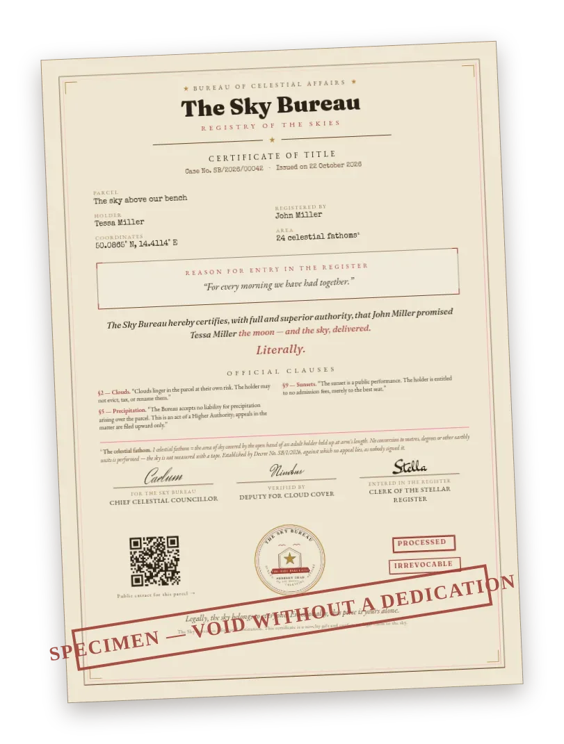 Preview of a Sky Bureau certificate of title — an official A4 sheet with seal, case number, parcel name, coordinates, dedication, official clauses, three officials' signatures and a QR code to the public register.