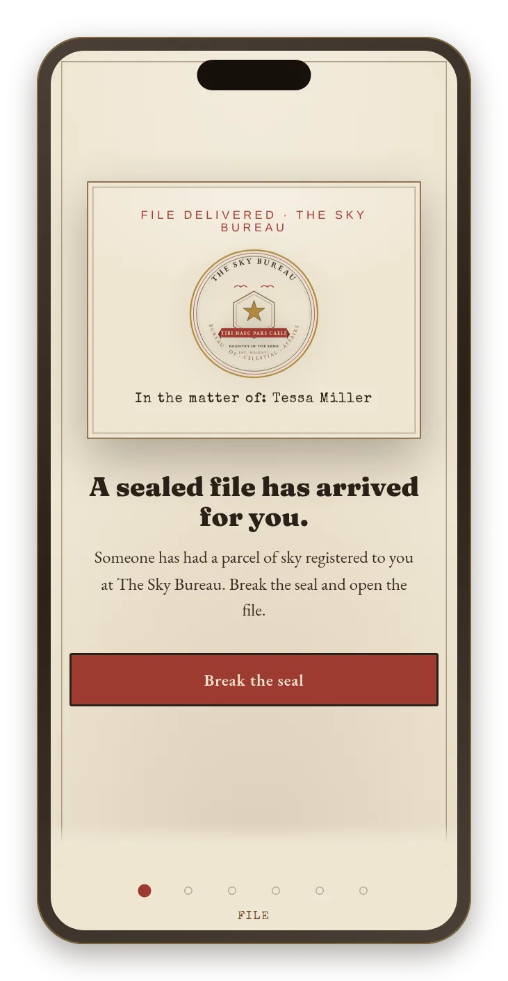 Preview of the ceremony on a mobile phone — a delivered sealed file of The Sky Bureau with its seal, the recipient's name and a Break the seal button.