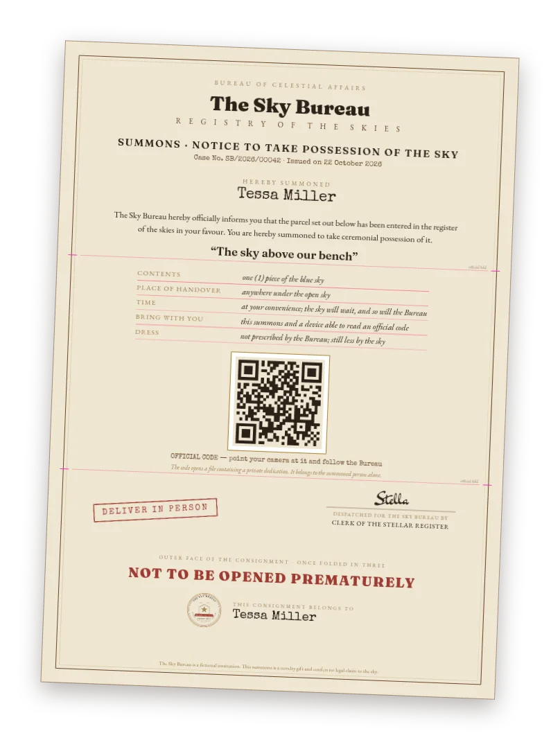 Preview of a Sky Bureau summons for handover — an official A4 summons to receive the sky bearing the summoned person's name, a table of place and time, a large official code and a DELIVER IN PERSON stamp.